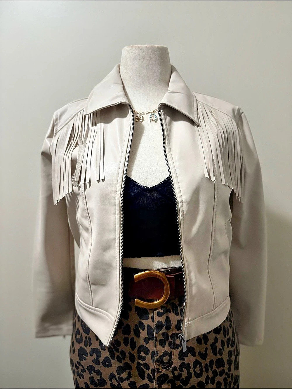 Fringe Leather Jacket in White Like New